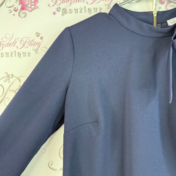 Calvin Klein dress ribbon bow tie up neck detail gold zipper Navy Midi Dress - Picture 5 of 13